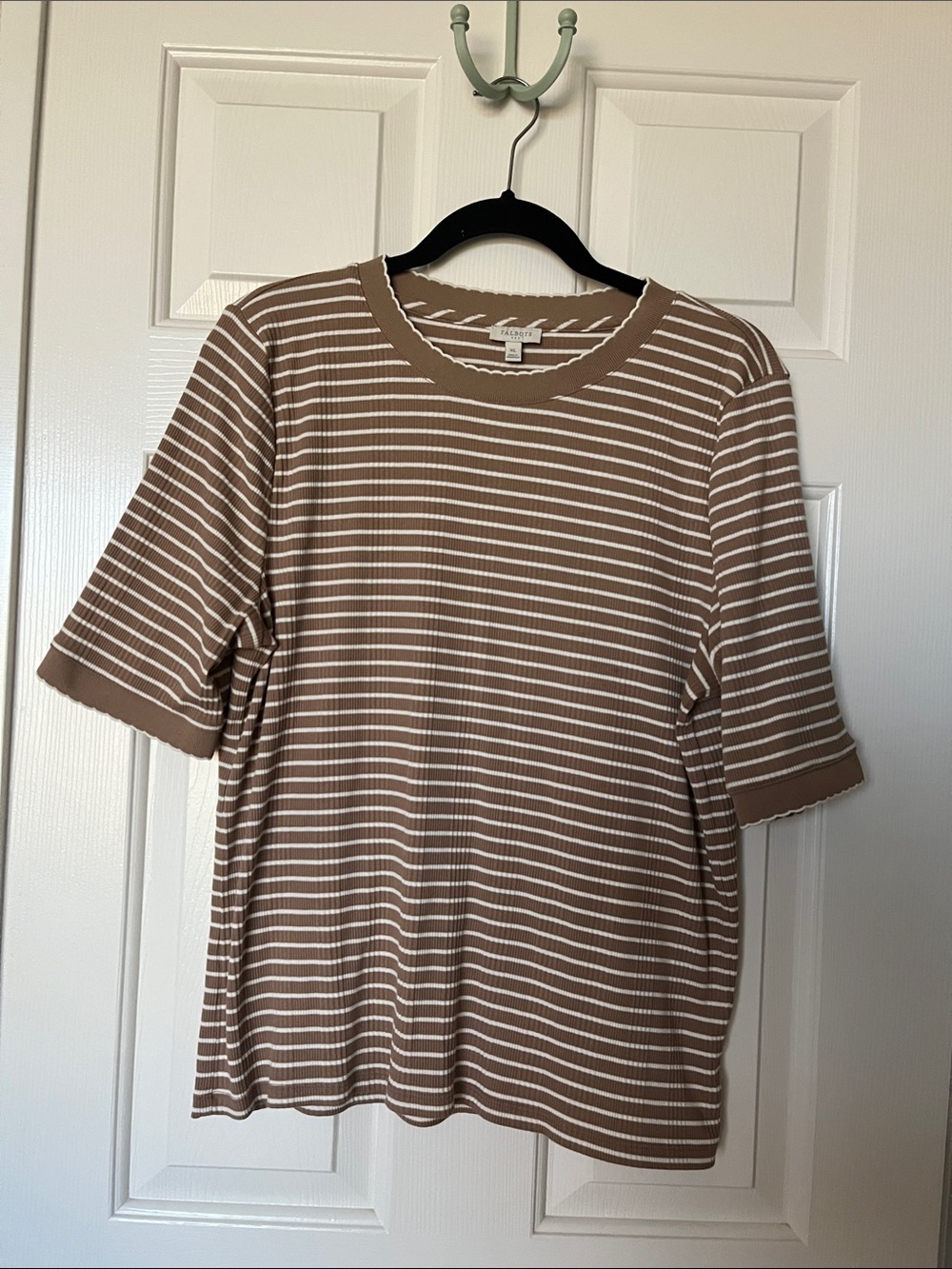 Talbots Ribbed Striped Tee in Coco Brown and Cream.